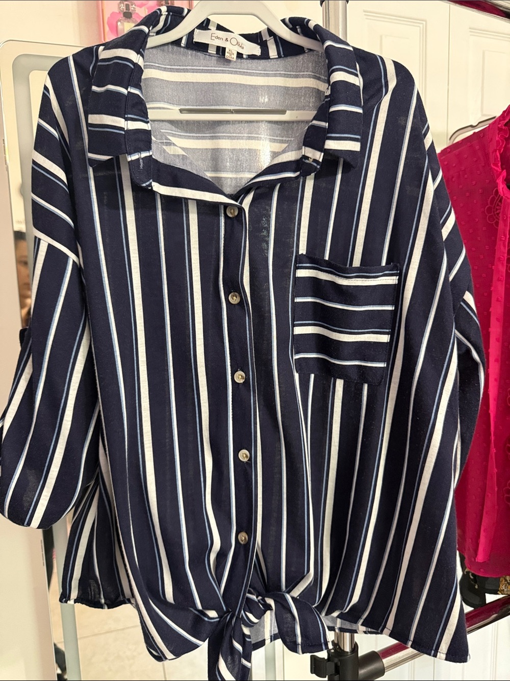 Eden & Olivia Navy and White Vertical Stripe Tie-Front Button-Down